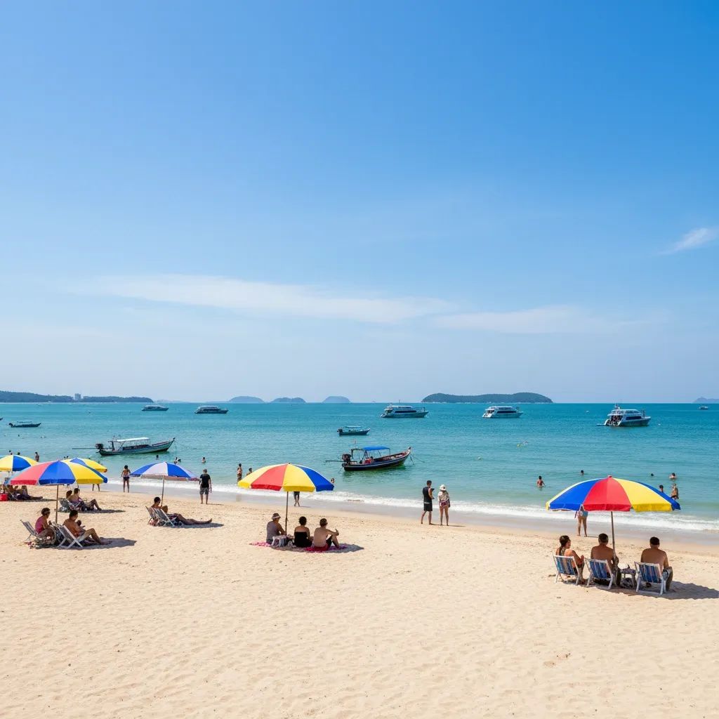Pattaya beachgoers enjoying calm coastal weather with clear skies and turquoise waters
