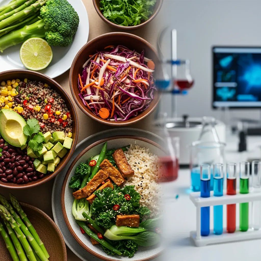 Healthy gut-supporting foods including fiber-rich vegetables and fermented products in modern wellness context