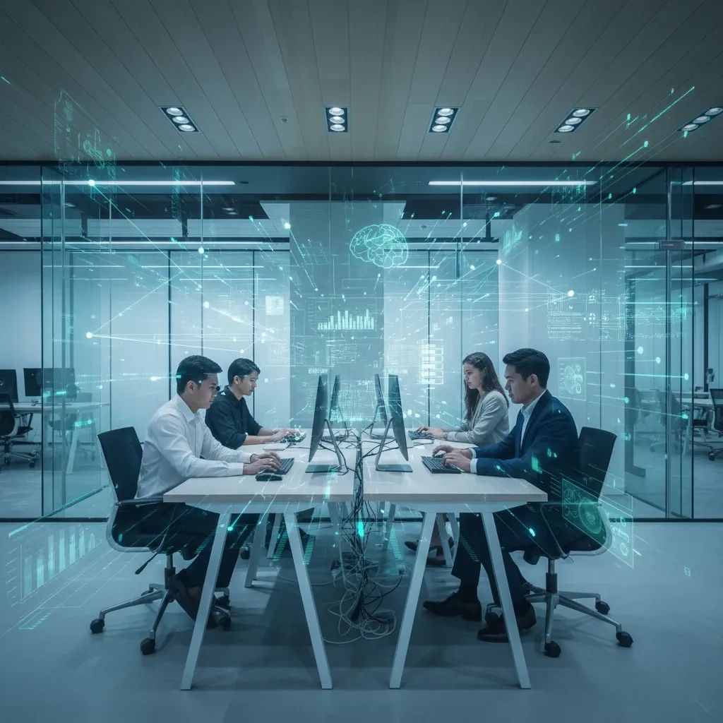 Thai business professionals collaborating in modern office with AI technology visualization