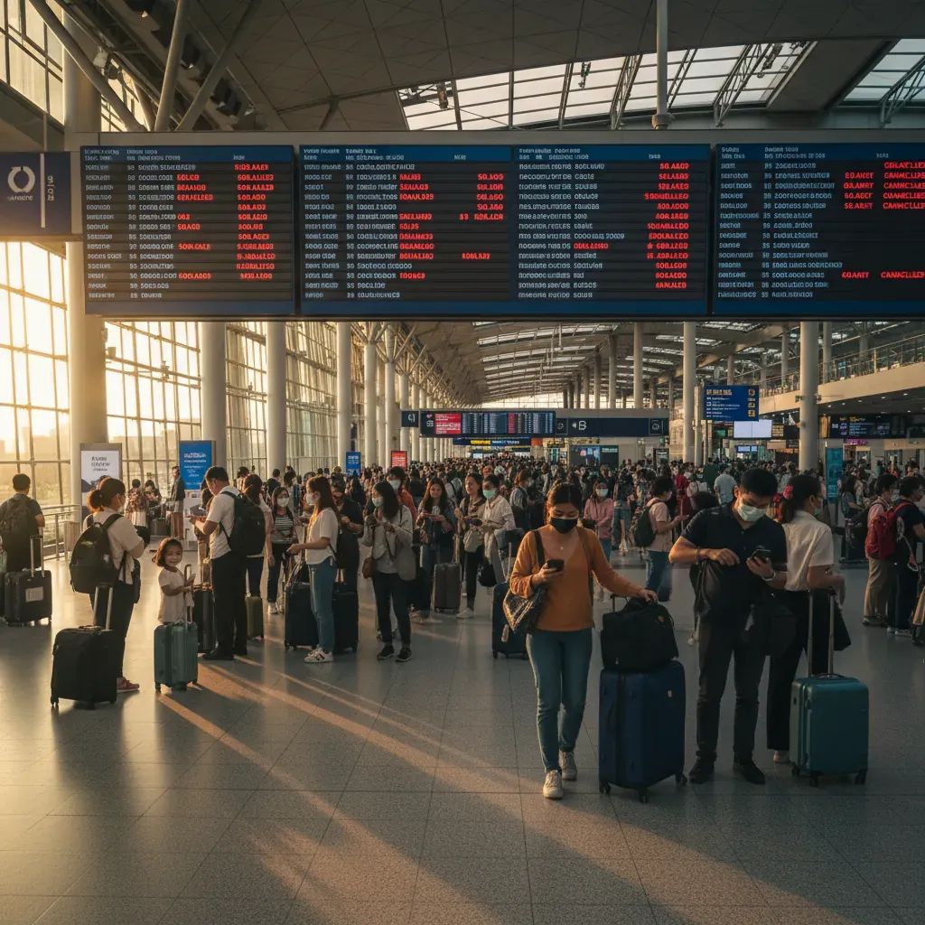 Bangkok airport terminal with delayed flight boards and stranded passengers with luggage
