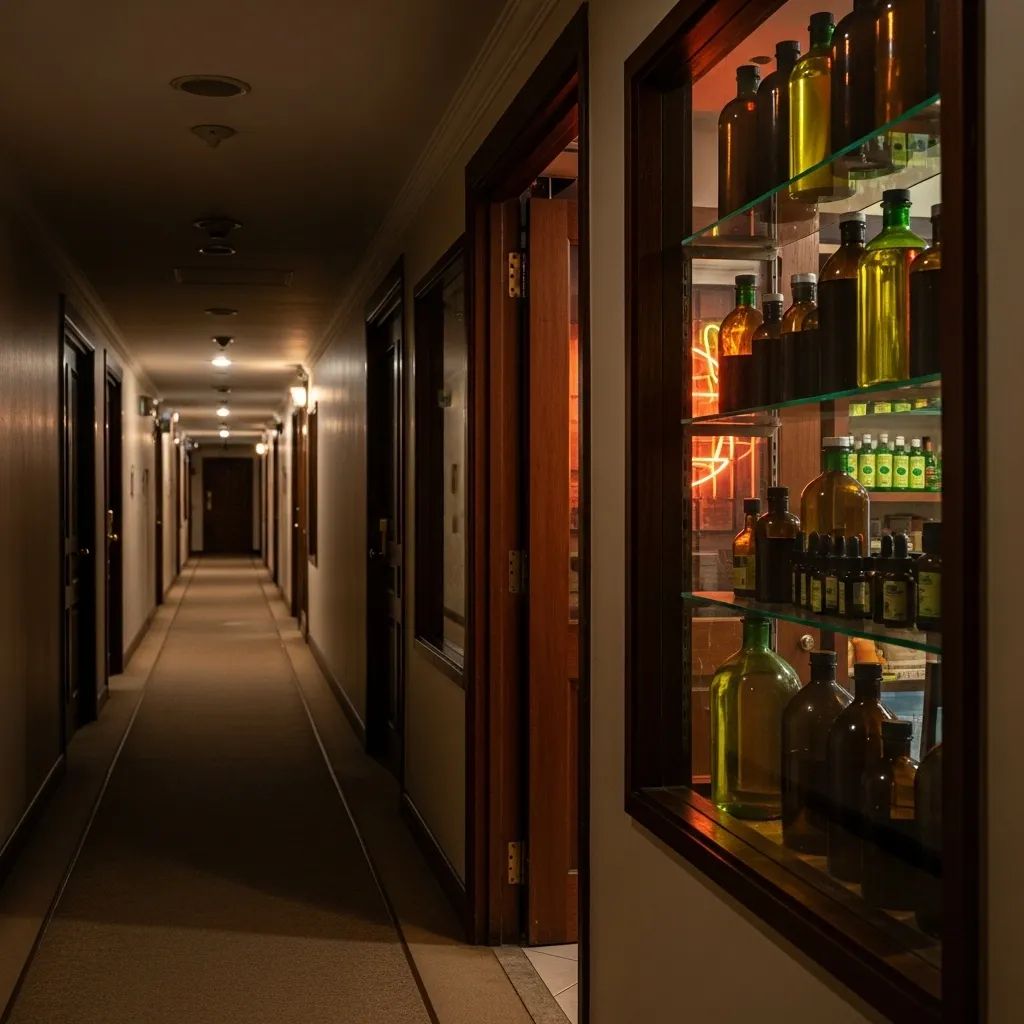 Dimly lit Pattaya hotel corridor with herbal hair oil bottles displayed in a small shop entrance