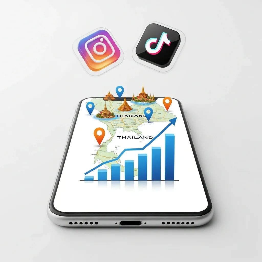 Infographic of smartphone with social media icons over a Thailand map highlighting tourism hotspots and growth