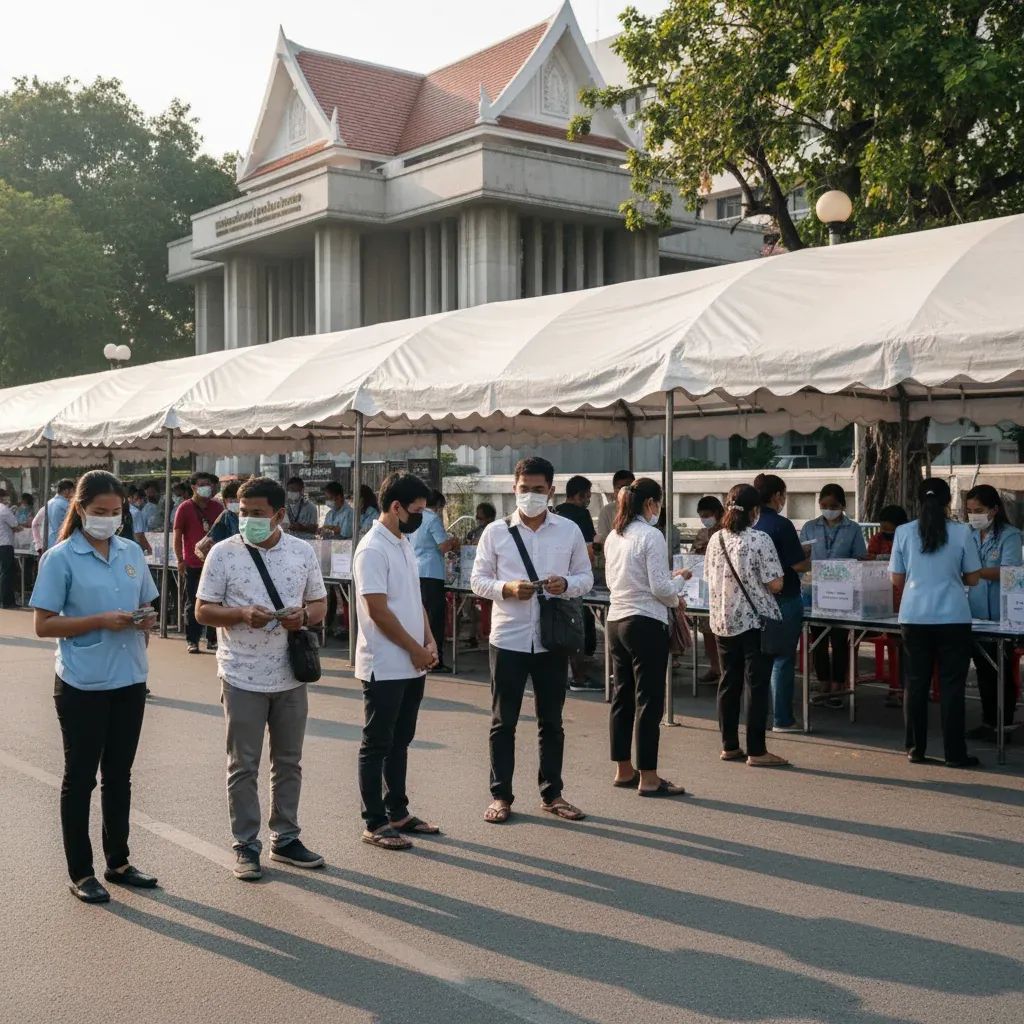 Voters queuing at an outdoor advance polling station with white tents in Thailand
