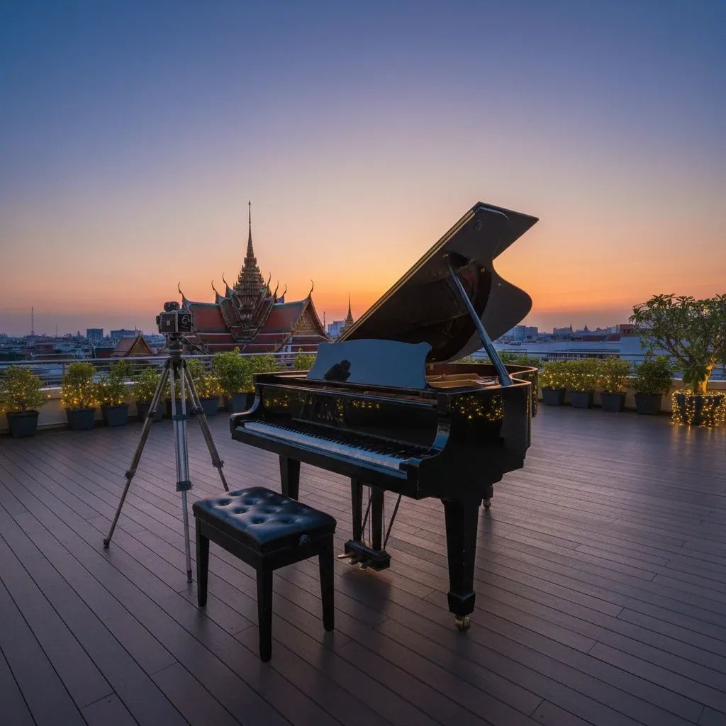 Grand piano and film camera on a Bangkok rooftop terrace at dusk with a temple silhouette in the background