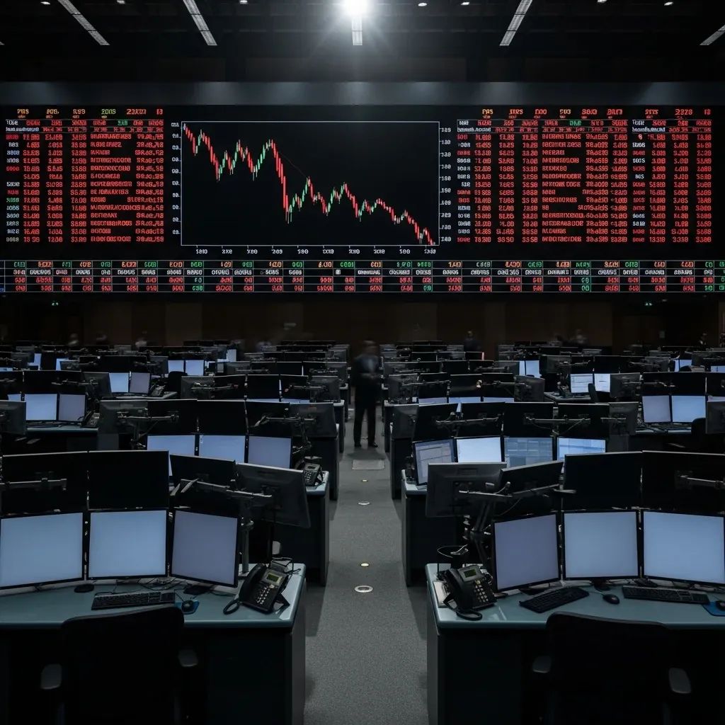 Empty Stock Exchange of Thailand trading floor with plunging stock graph on display