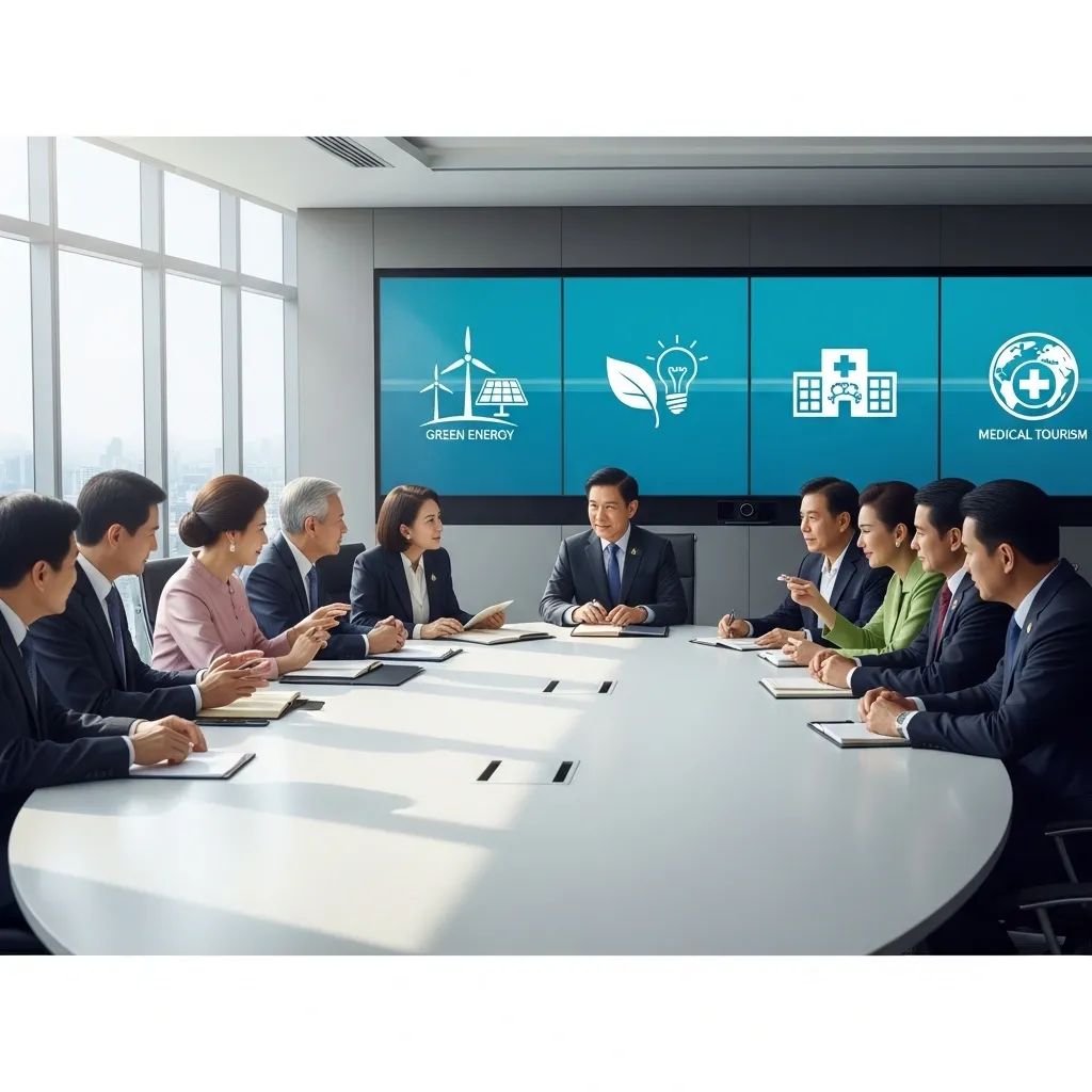Thai politicians discuss green energy and medical tourism policies in a conference room