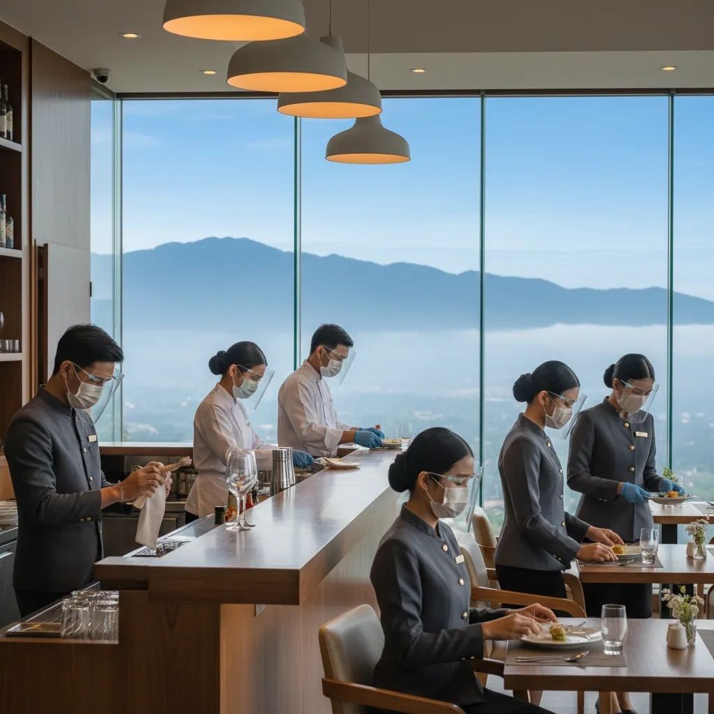 Thai hospitality workers in a modern workplace setting with professional lighting and safety measures