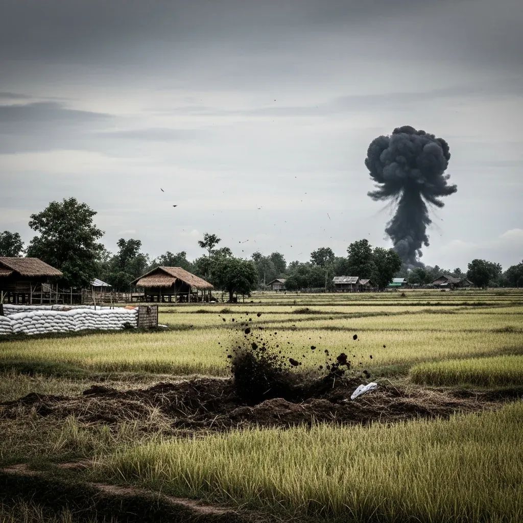 Smoke plume rising over a rural Thai border village with impact crater near rice fields