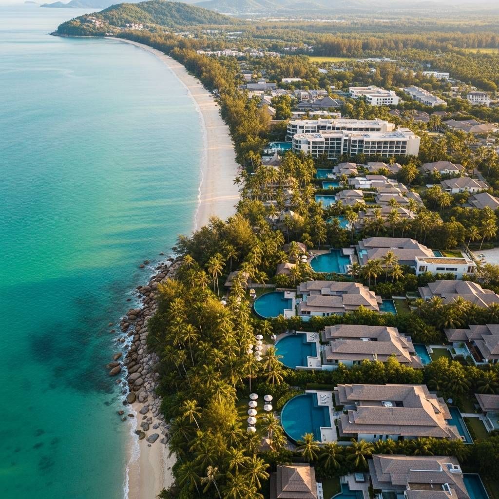 Aerial view of Koh Samui beach with luxury resorts, coconut groves and turquoise sea