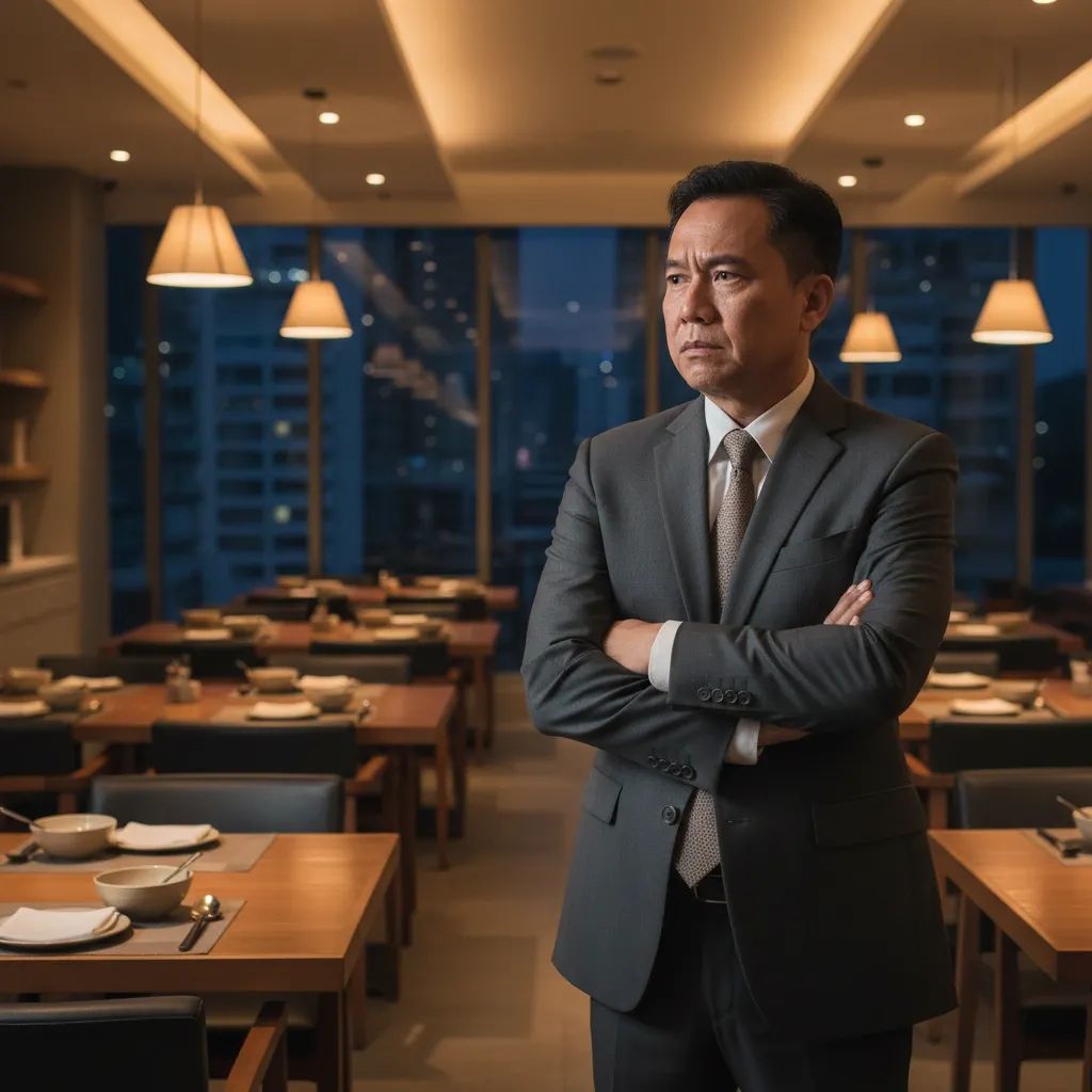 Thai restaurant owner in quiet dining establishment during slow service period