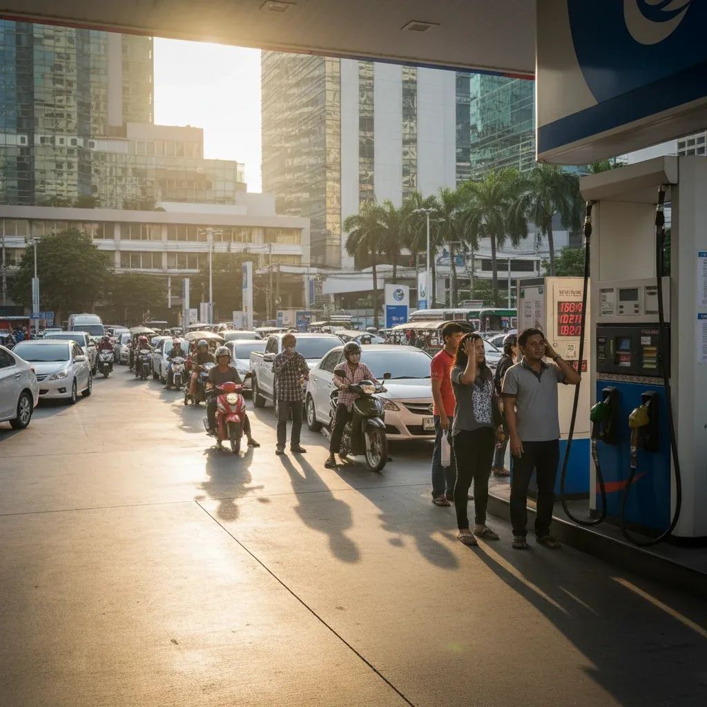 Thai fuel station during diesel shortage with concerned residents and vehicles queued during daytime