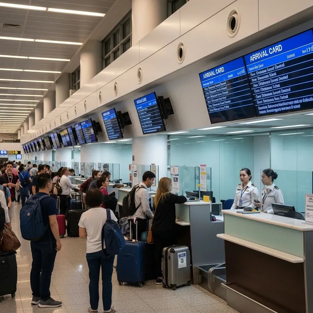Travelers queue at a Thai airport immigration hall with digital arrival card screens overhead
