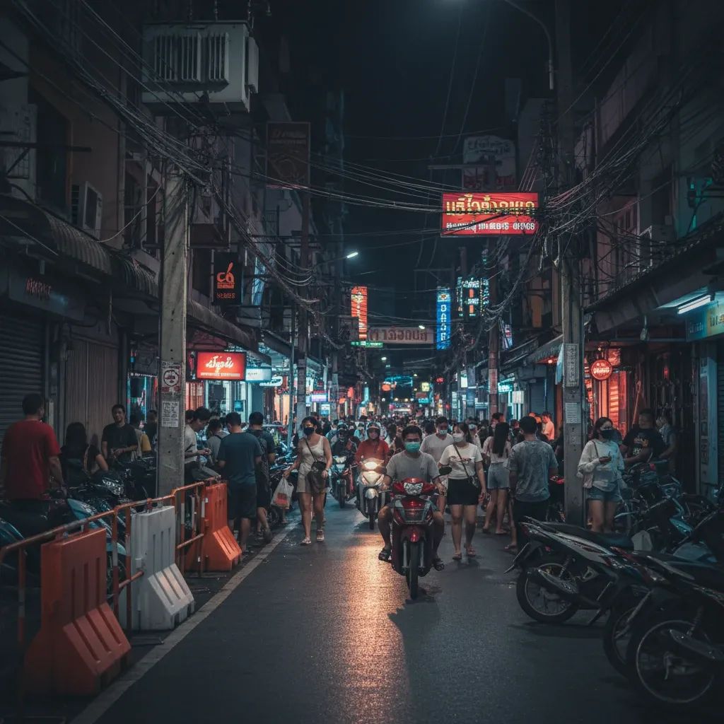 Crowded Pattaya soi at night with tourists navigating narrow sidewalk alongside motorcycles and construction barriers
