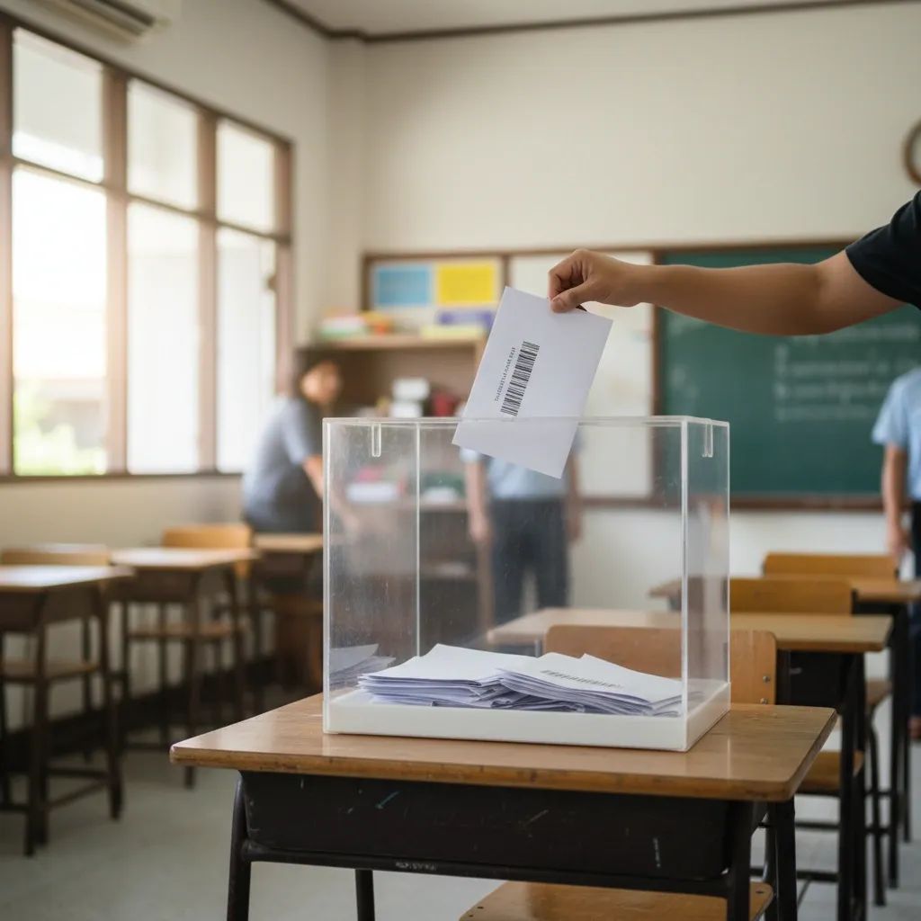 Voter places Thai ballot with visible barcode into clear ballot box at a polling station