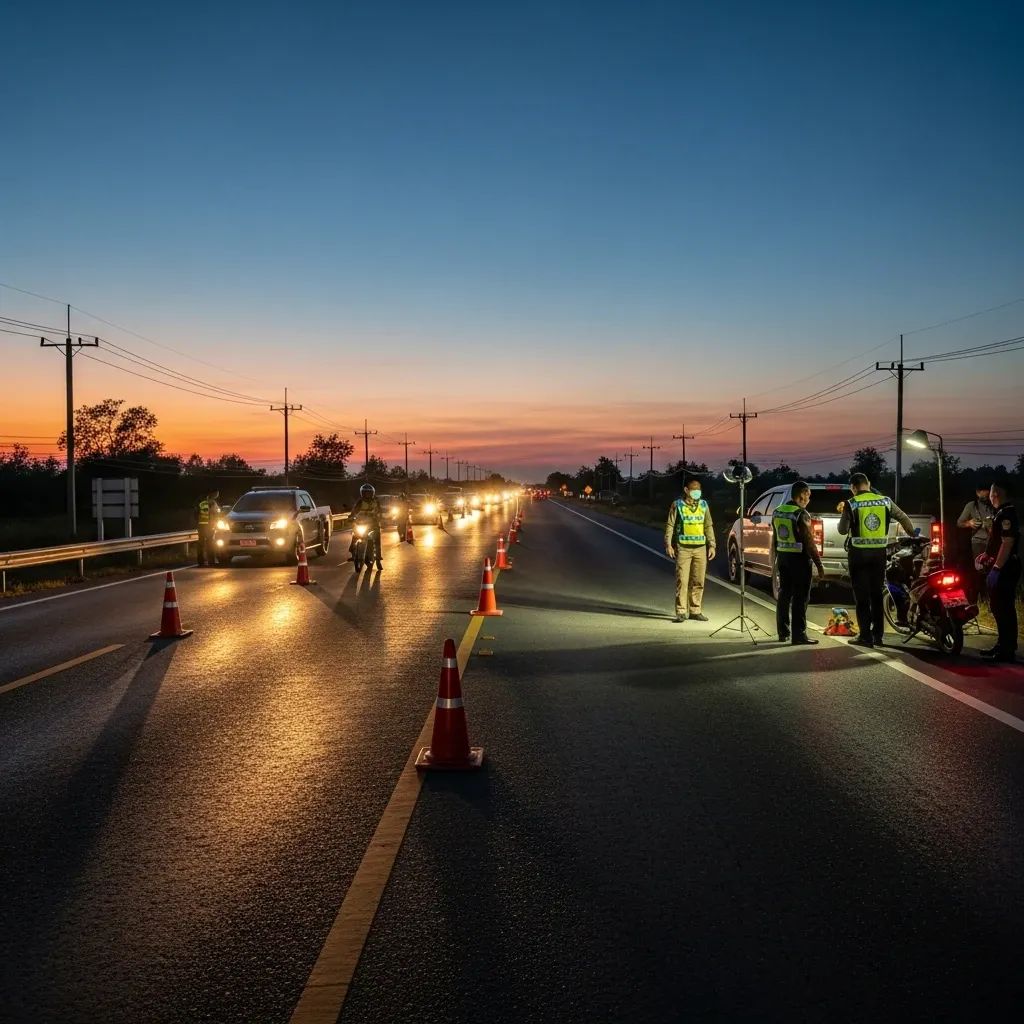 Police checkpoint on a rural Thai highway at dusk with motorcycles and cars lined up for inspection