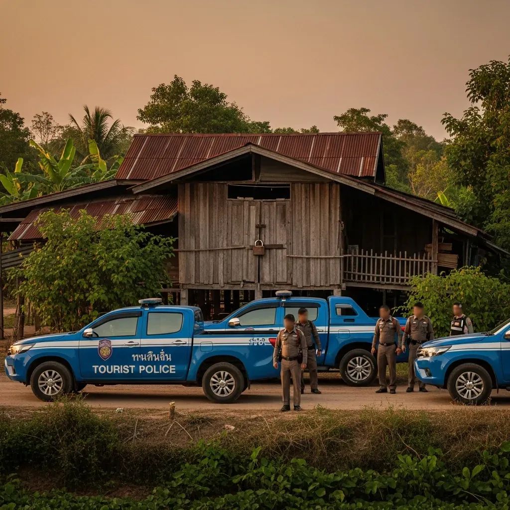 Thai tourism police standing outside a padlocked rural house in Sa Kaeo province at dusk