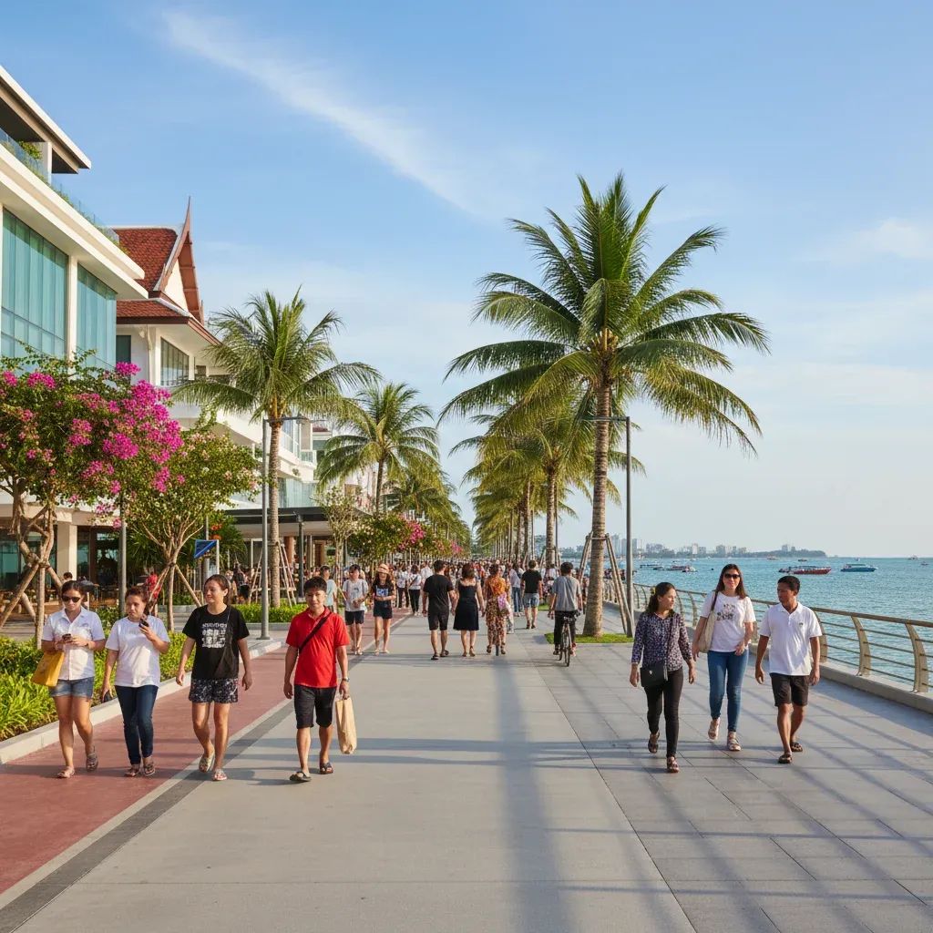 Restored Jomtien beachfront street in Pattaya with pedestrians and tropical setting