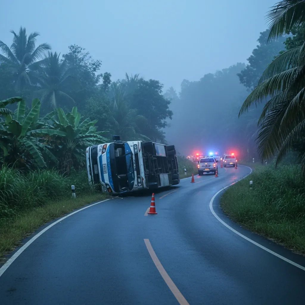 Overturned double-decker bus on rural Thai highway at night with police cones and flashing lights