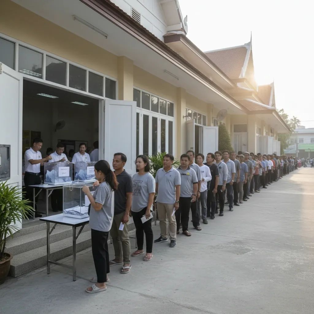 Long queue of voters outside a Thai polling station during national elections