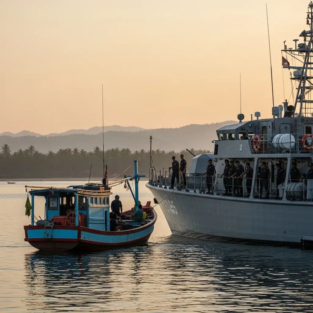 Naval patrol vessel detaining a small wooden fishing trawler at sea near Thailand’s eastern coast