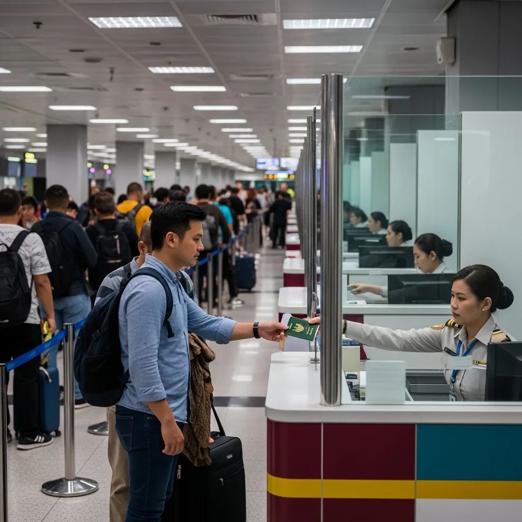 Thai traveller handing passport to an immigration officer at an airport border control counter