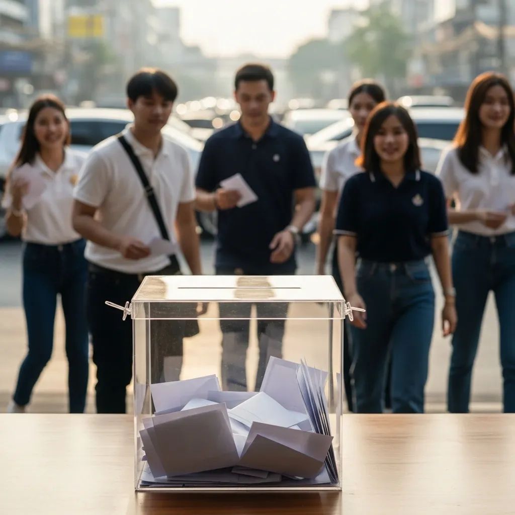 Transparent ballot box with blurred young Thai campaign volunteers in a city street