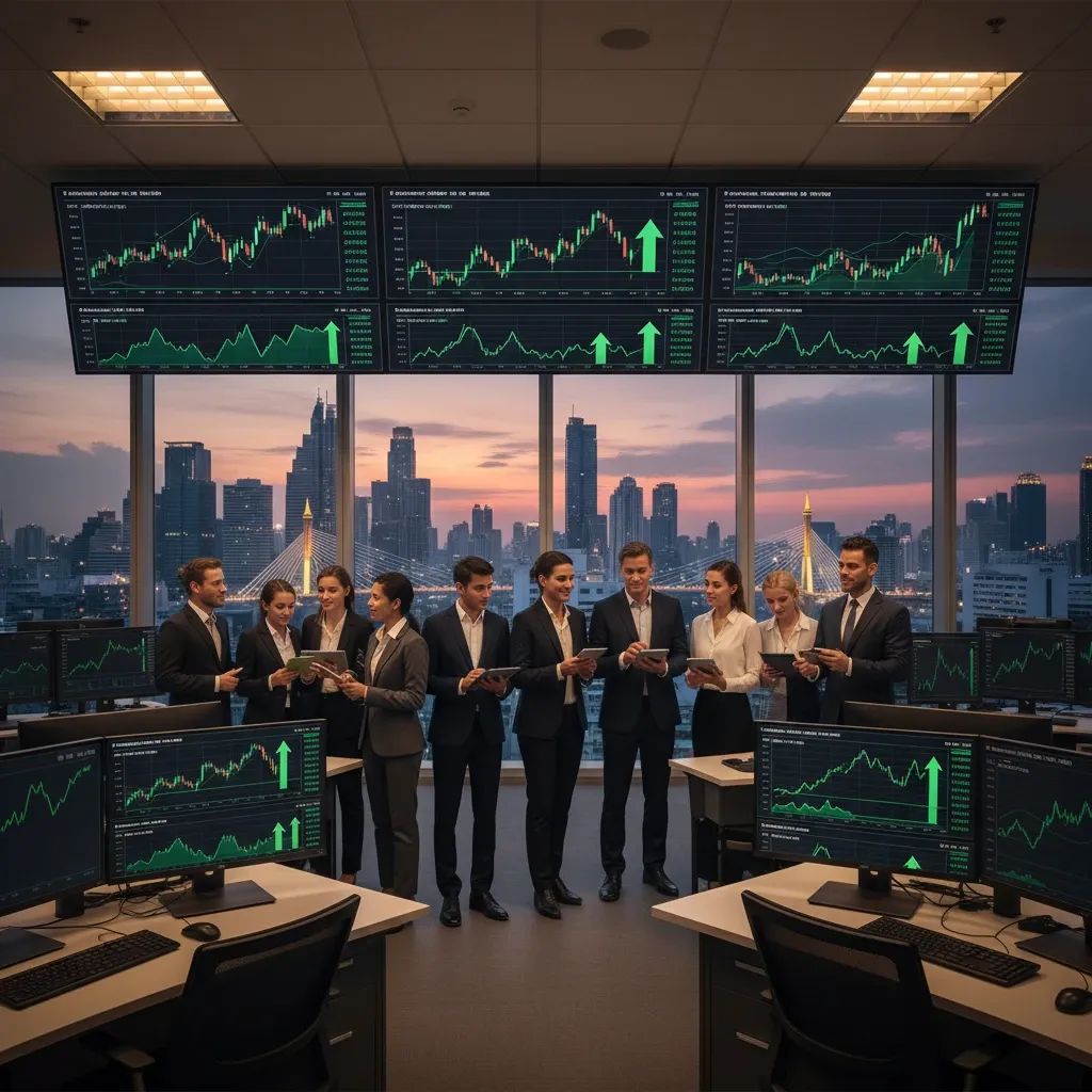 Trading floor scene with investors monitoring Thai stock market performance and upward trend indicators