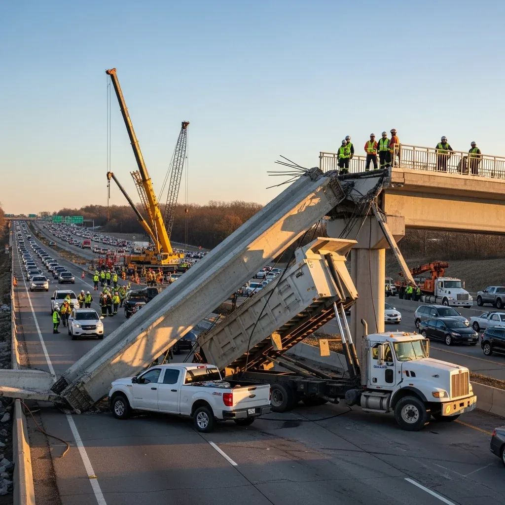 Collapsed pedestrian overpass on Bang Na–Trat Road crushing trucks with emergency cranes and traffic jam