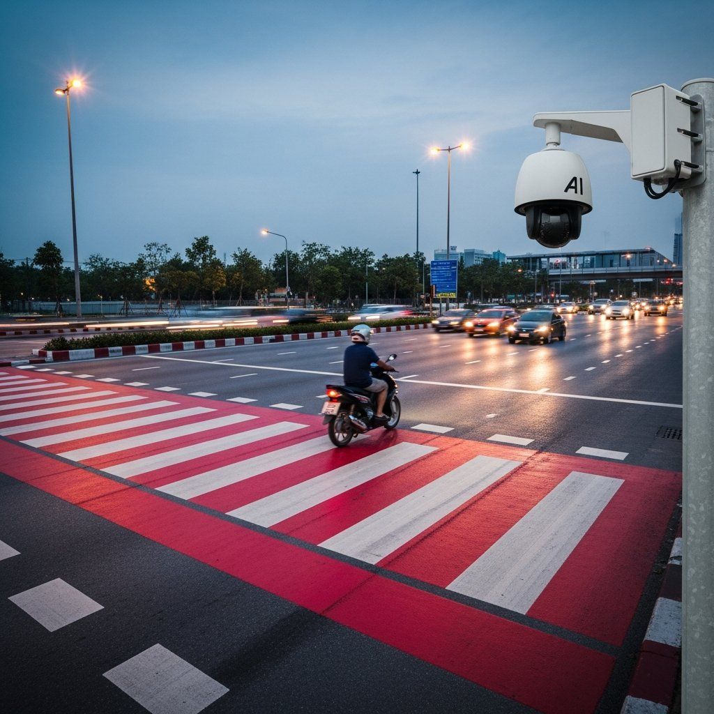 Wide-angle view of a zebra crossing on a busy Bangkok road with a motorcycle approaching under an AI surveillance camera