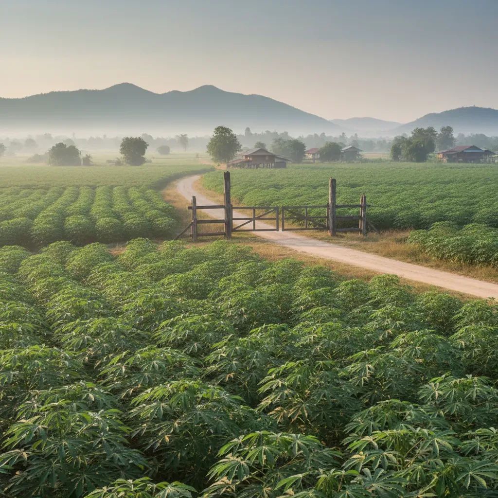 Closed Thai–Cambodia border gate with cassava fields in rural Si Sa Ket