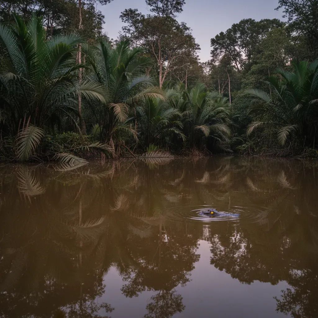 Dusk over Narathiwat peat swamp with a small crocodile silhouette gliding across tea-colored water