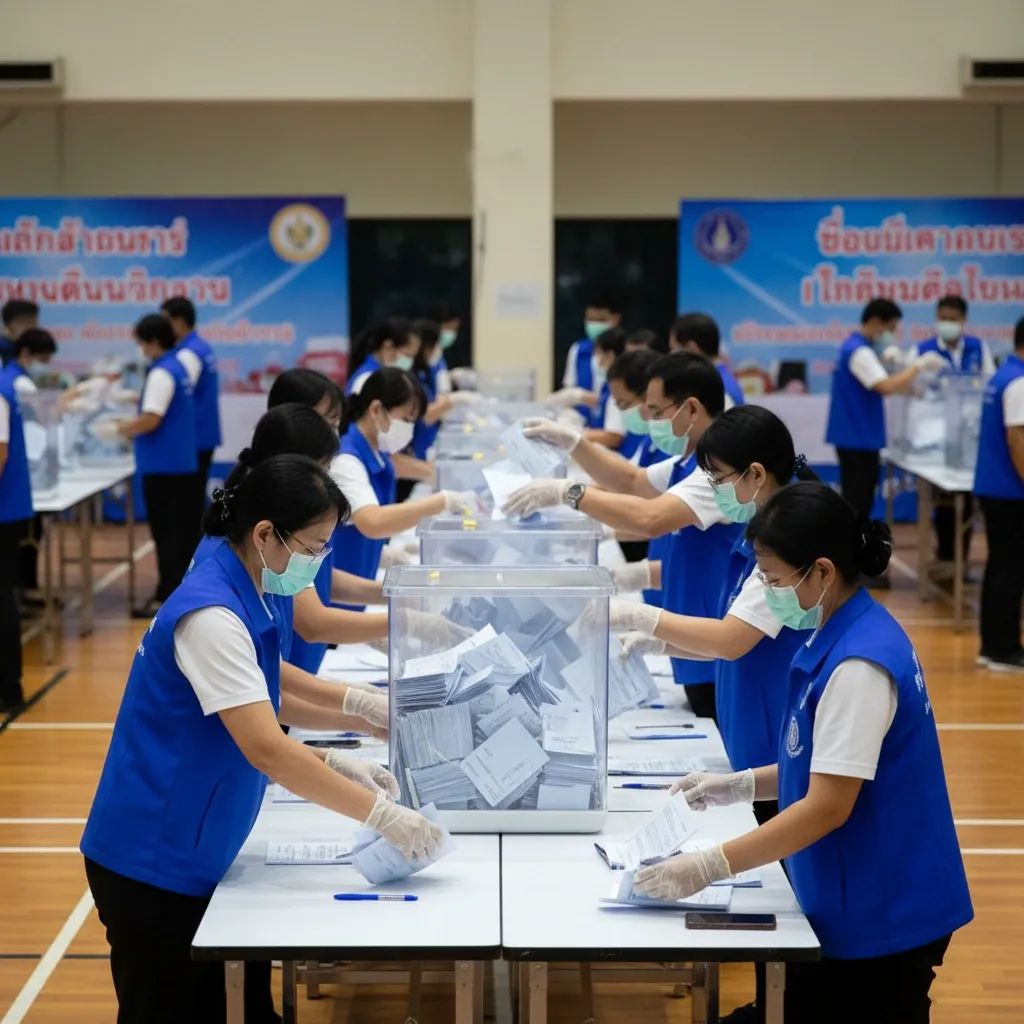 Thai election officials recounting ballots from transparent boxes inside a polling hall