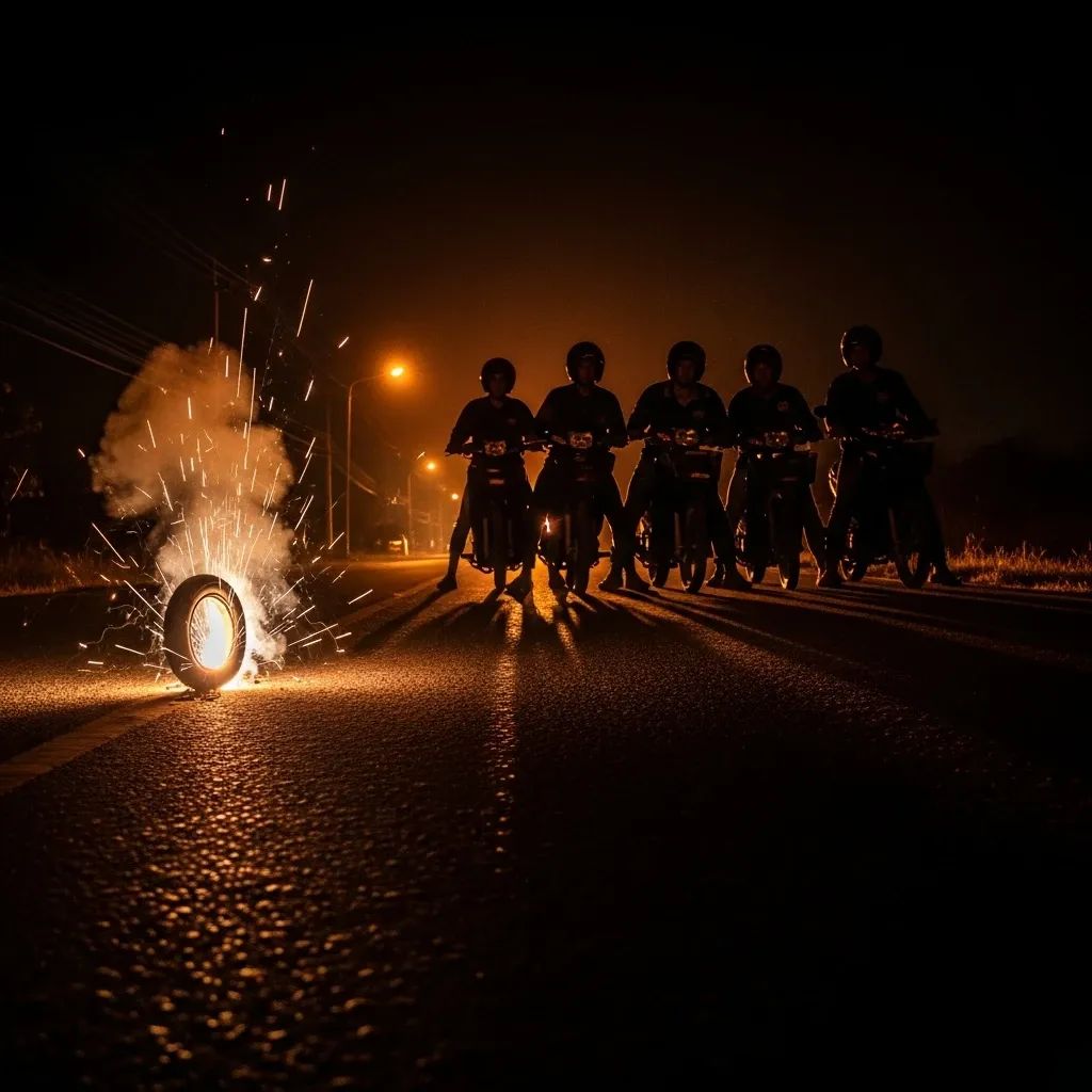 Silhouetted motorbike riders under streetlights with a small flash explosion on a rural Thai road at night