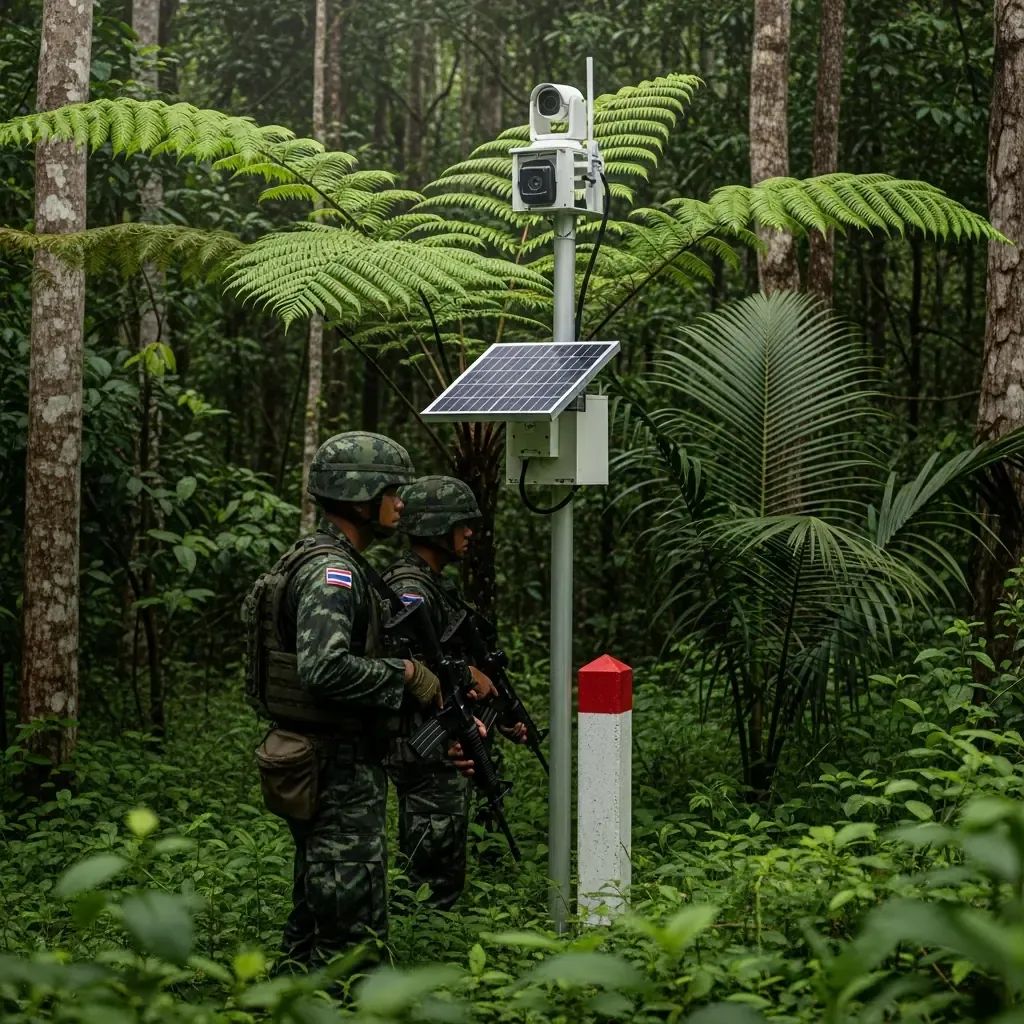 Thai soldiers patrol a forested border near a sensor pillar and boundary marker