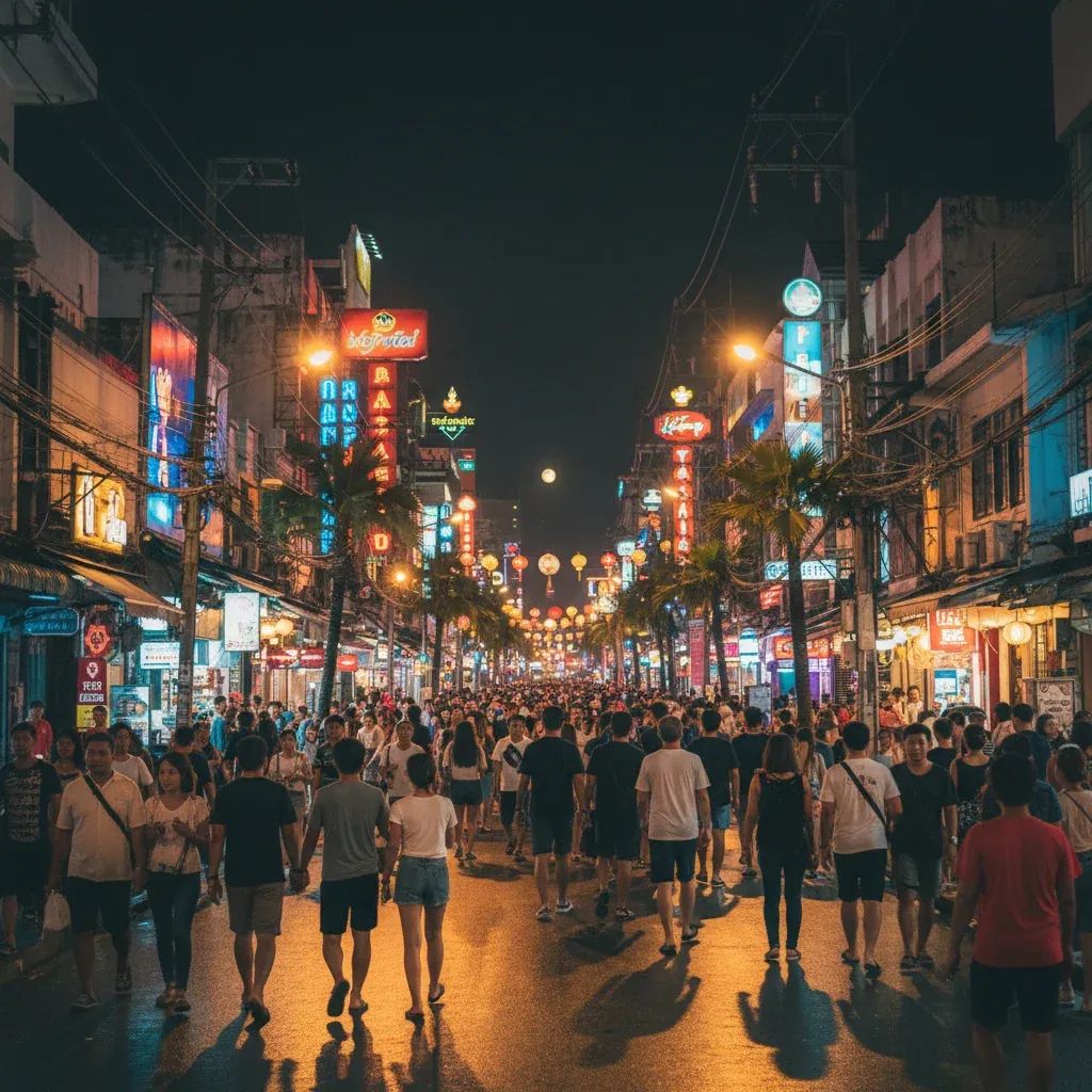 Busy Pattaya Walking Street nightlife district with diverse crowds, neon signs, and bars during evening hours