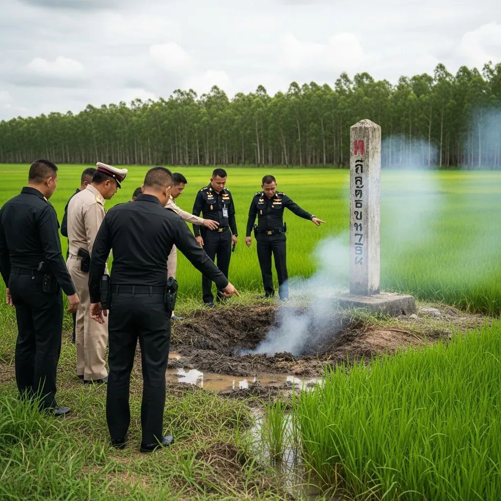 Thai officers and prosecutors inspecting an artillery crater in a rice paddy at the Thailand-Cambodia border
