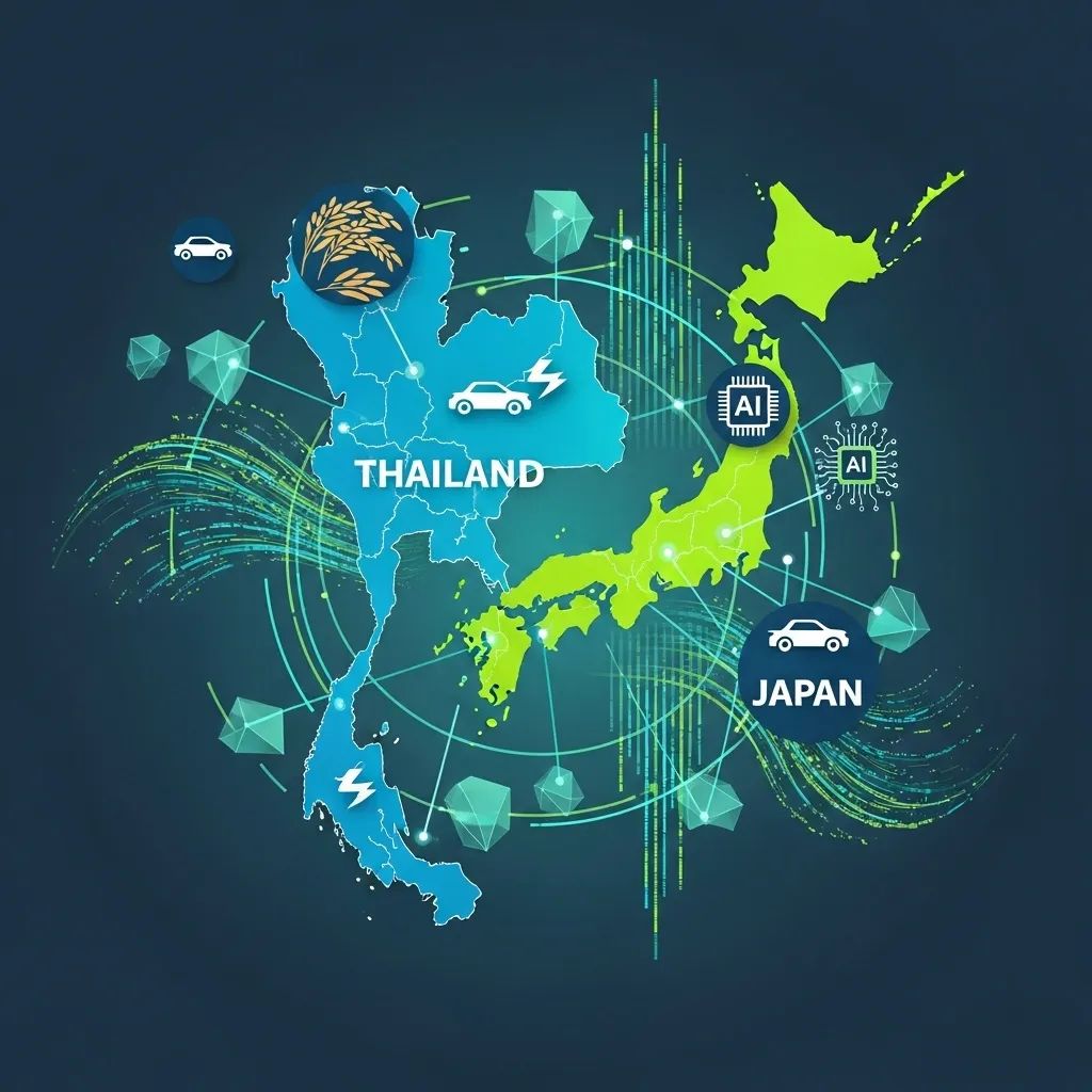 Map of Thailand and Japan linked by icons for rice exports, semiconductors, AI and electric vehicle investment