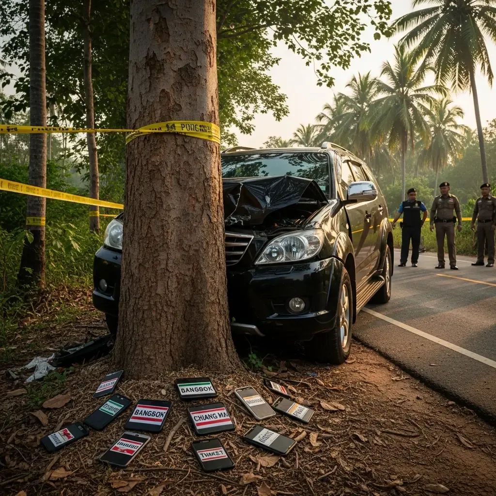 Black SUV crashed into tree on rural Kamphaeng Phet road with smartphones scattered nearby