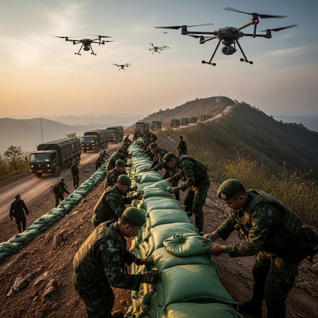 Thai soldiers fortifying a border ridge with sandbags and drones overhead at dusk