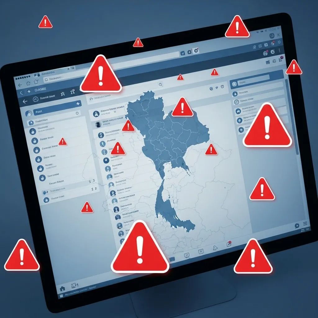 Digital montage of Facebook scam pages with warning icons over a Thai map on a computer screen