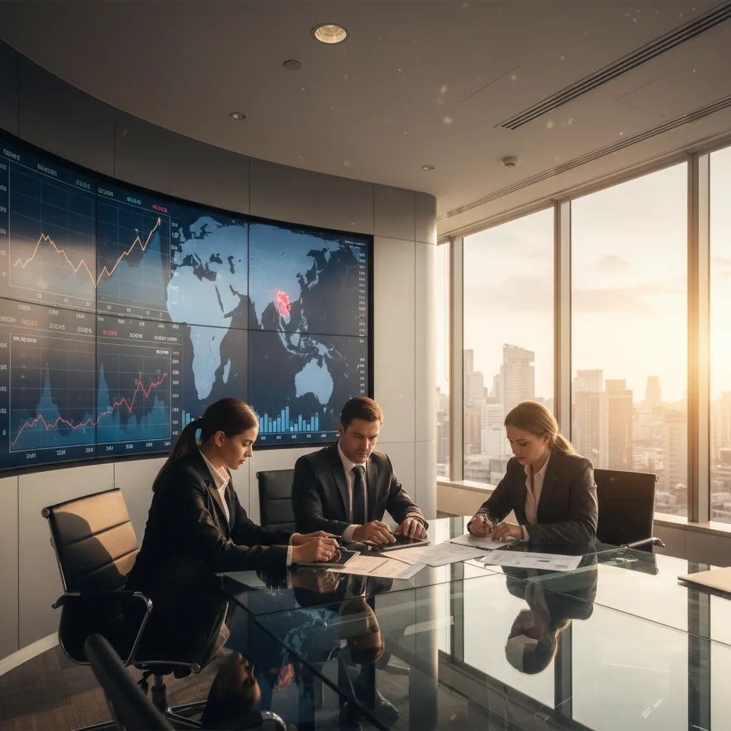 Business professionals reviewing financial reports and Asia expansion strategy documents in modern office