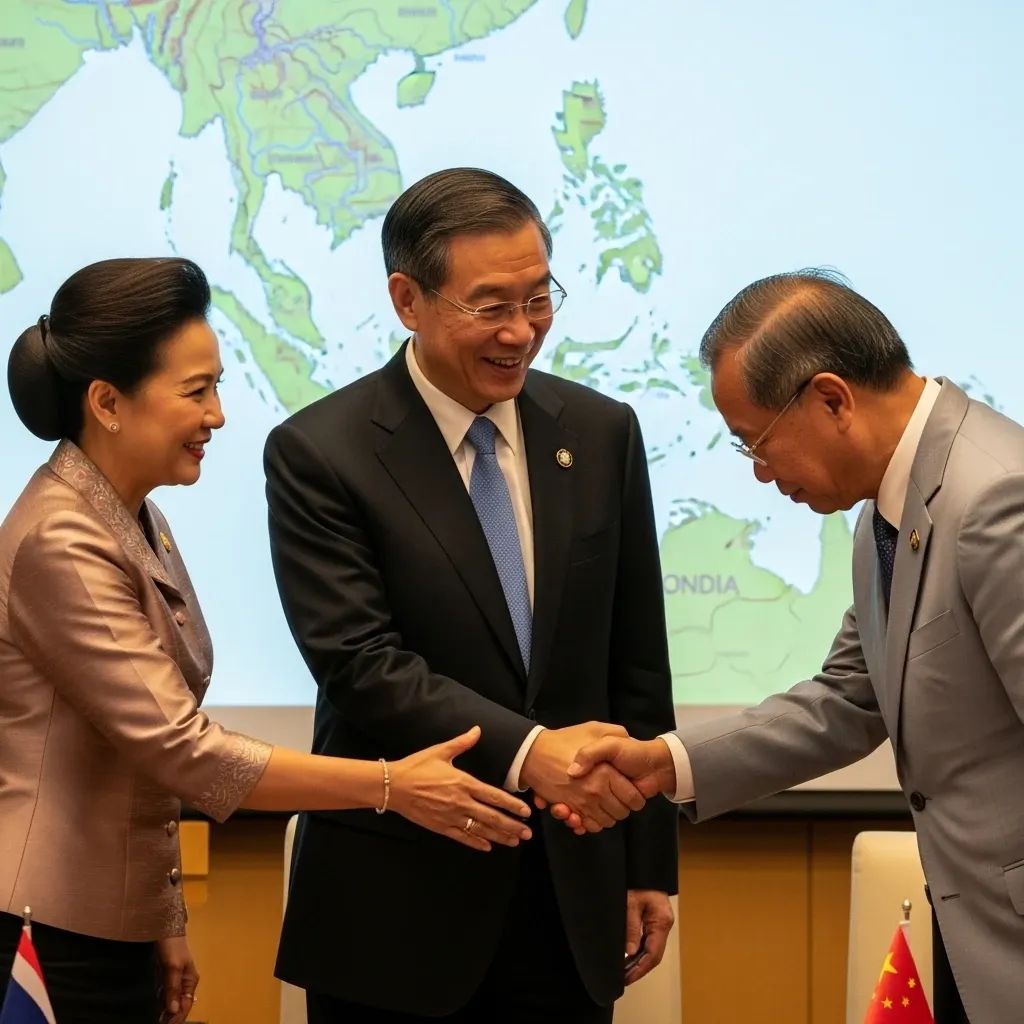 Chinese envoy shaking hands with Thai and Cambodian officials in a conference room