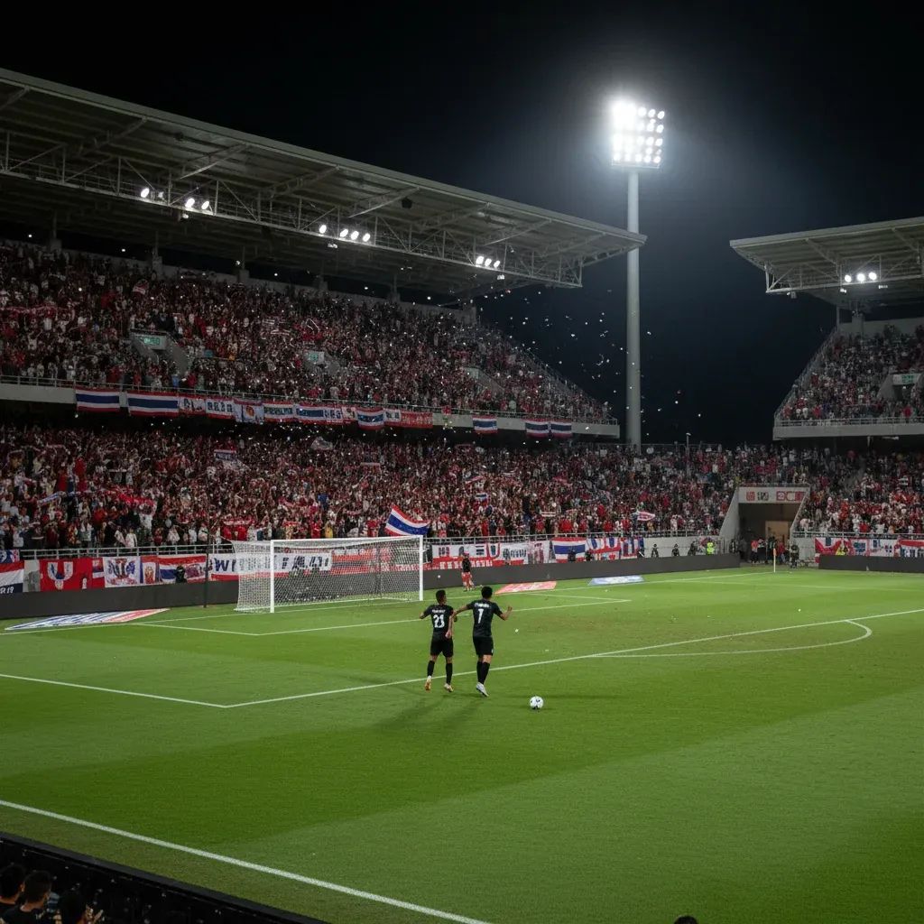Nighttime football match in a packed stadium with Thai fans waving red and white scarves