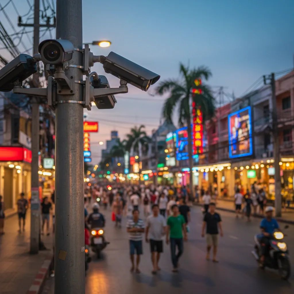 Multiple CCTV cameras on a pole overlooking a bustling Pattaya street at dusk