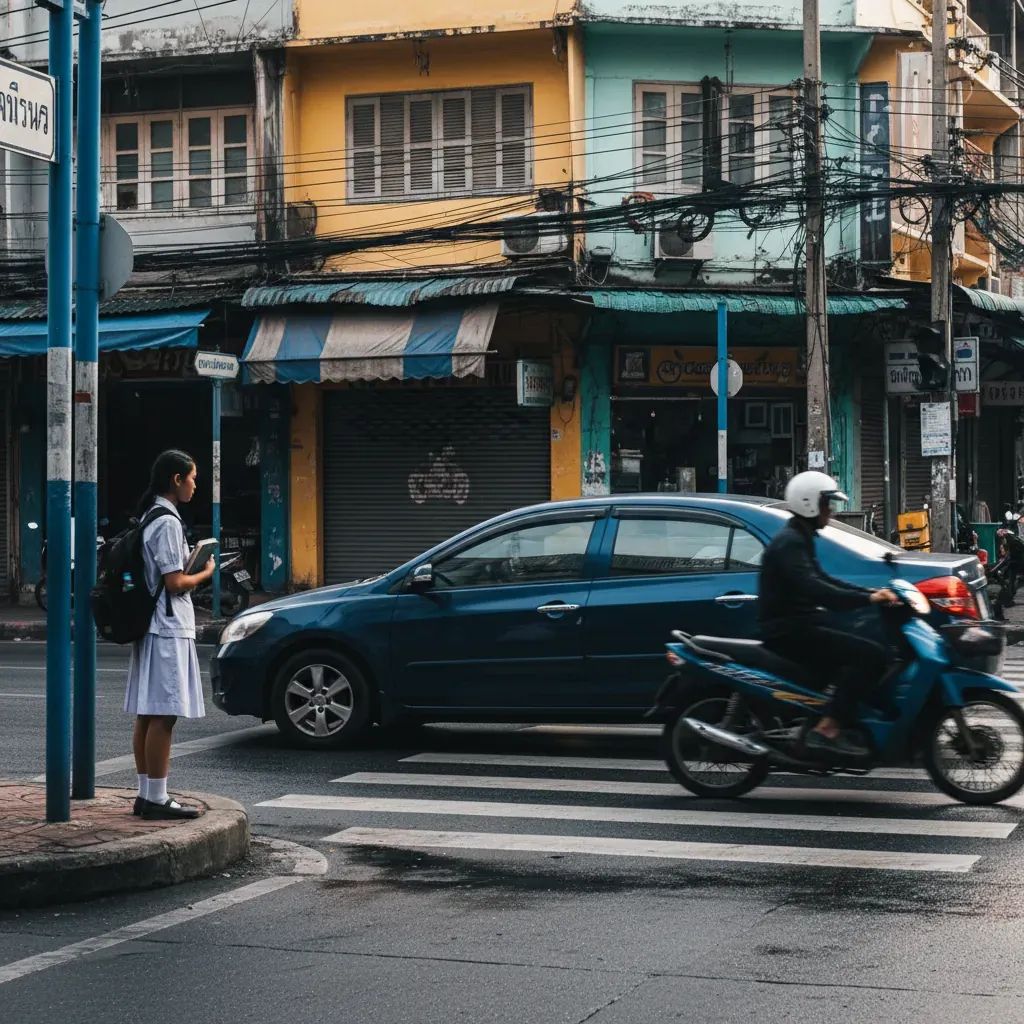 Blurred motorcycle passing stopped car at Bangkok crosswalk as a schoolgirl in uniform waits to cross
