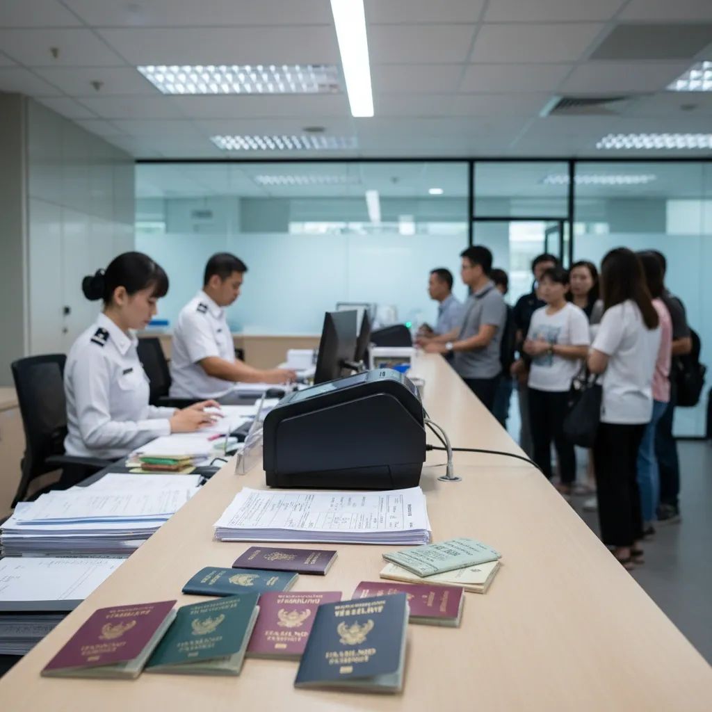 Immigration officer scanning passports at Phuket office with queue of applicants