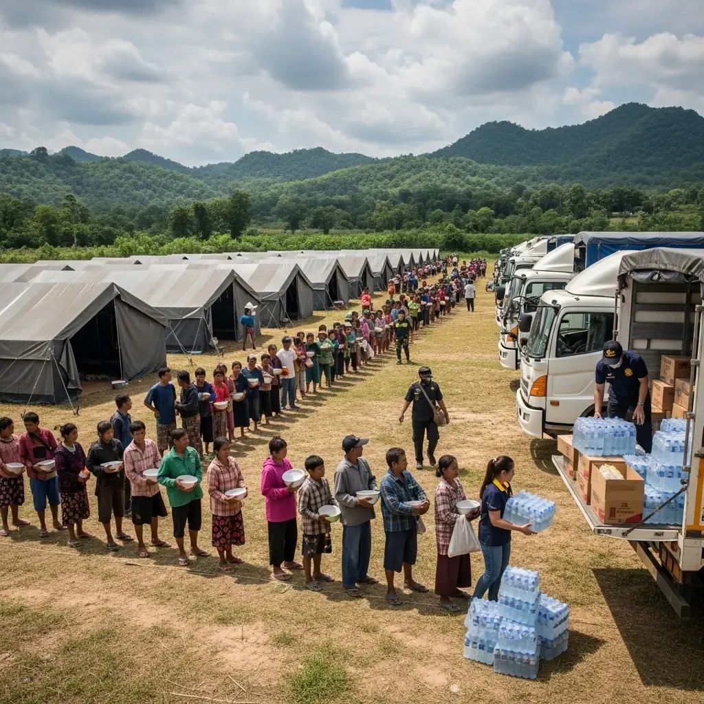 Temporary relief camp in Sa Kaeo with canvas shelters and displaced villagers receiving aid