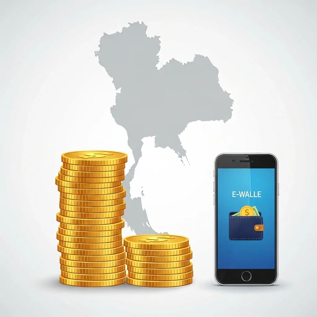 Stylized infographic of two coin stacks and smartphone over a Thailand map representing subsidy and debt relief