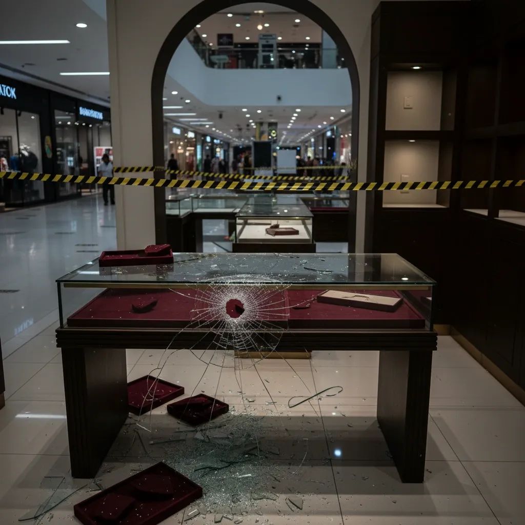 Empty jewelry display cases with shattered glass and police tape in a Thai mall interior