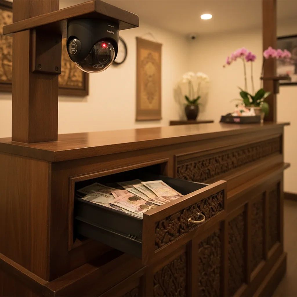 Open cash drawer at a Phuket spa reception desk under CCTV surveillance camera